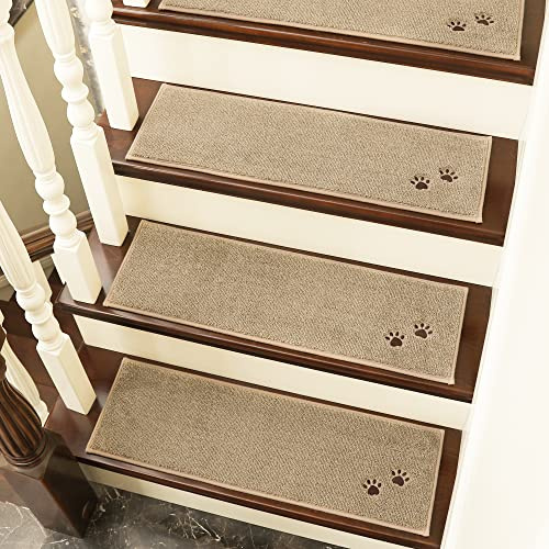 BEQHAUSE Tappetini antiscivolo, 4 pezzi, per scale, autoadesivi, di sicurezza, per bambini, anziani e animali domestici, con retro in 100% poliestere TPE (22 x 70 cm, beige)
