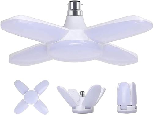 ZFQ B22 Bayonet LED Garage Light 60W, 6500K Daylight White 6000Lm Deformable Workshop Ceiling Lamp BC Bayonet Cap with 4 Adjustable Panels, for Garages, Basement, Warehouse, Attic, Gym (Pack of 1)