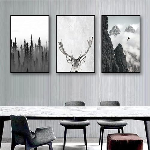MHLCMG Leinwand Malerei Schwarz Weiß Landschaft Wald Hirsch Bilder Wandkunst Minimalistisch Poster Kunstdruck Bild Wand Wohnzimmer Schlafzimmer Dekor Kein Rahmen (3X40X60CM)