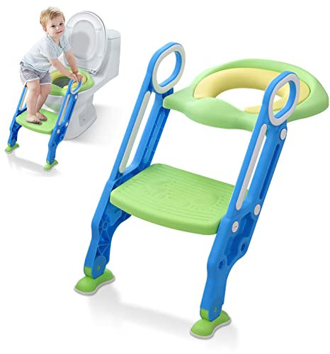 JOIEYOU Kinder Toilettensitz mit Treppe Toilettentrainer mit Griffe, PU Kissen Anti-Rutsch Pedale Geeignet Töpfchen für Kinder ab Training Leiter Höhenverstellbar (Blau+Grün)
