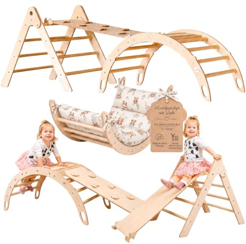 WoodsCraft 3in1 Set: Kletterdreieck, Kletterbogen & Rutsche/Kletterrampe | mit hypoallergen Kissen für Kletterbogen, holz Montessori Klettergerüst indoor, Babyrutsche, Klettern Baby & Kinder