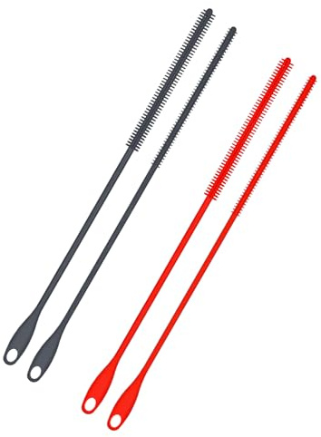 PEUTIER 4 Brosses Paille Silicone, 6mm + 8mm Long Nettoyant Paille Bouteille Suspendue Réutilisable Outil Lavage Paille Brosse Pliable Brosse Fine pour Tuyau en Verre, Paille Métallique (Rouge, Gris)