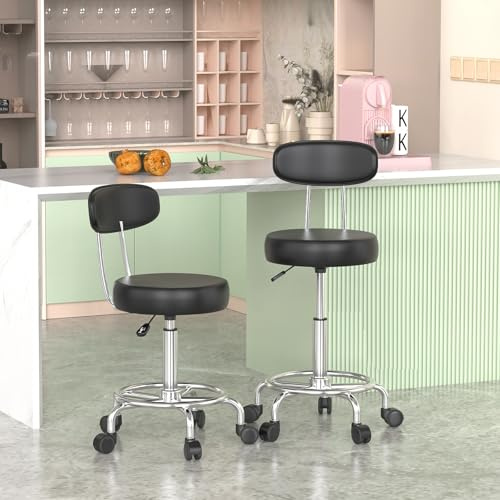 HAMHAIGO 2 Set Bürohocker Höhenverstellbar, Stehhocker um 360°drehbarer, Hocker Höhenverstellbar Sitzhöhe 49-64cm, Dick gepolsterter Arbeitshocker mit Rückenlehne, Rollen und Hebefunktion Schwarz