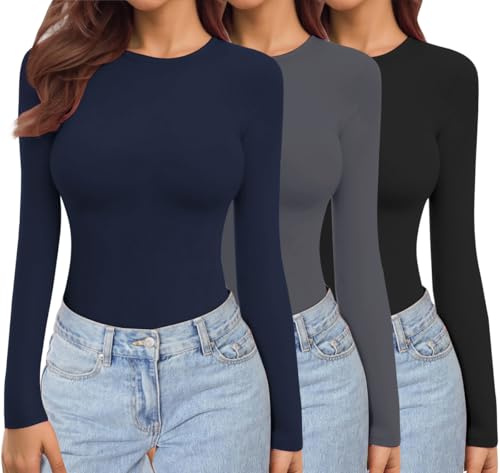 Ekouaer Womens Long Sleeve Tops Thermal Tee 1&3 Pack | crew neck, stretch fitted, basics, thermal fabric with micro-fleece, long enough to cover the belly, xs-xxl