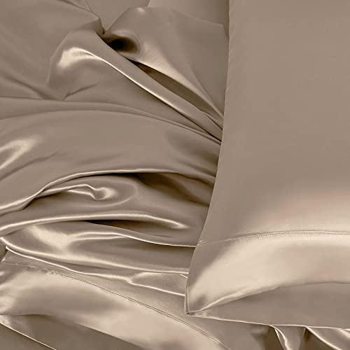 Threadinbox 100% Mulberry Silk Sheet Set - 19 Momme Grade 6A, 21 Inch Deep Pocket, Luxurious Bed Sheets for Ultimate Comfort,King-Taupe