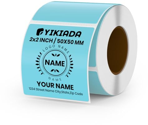 YIKIADA Blau Thermoetikett Vinyl 50 × 50 mm Rolle Quadratisch Selbstklebend Umzugsaufkleber Wasserdicht Beschriften Name Aufkleber für Büro QR Code LOGO 500 Stück