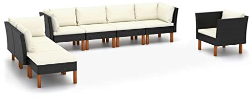 KATERYY 8-TLG. Garten-Lounge-Set Poly Rattan Eukalyptusholz Schwarz,Genieße die Natur Stilvolles LoungeSet aus PERattan für Garten, Terrasse und Balkon