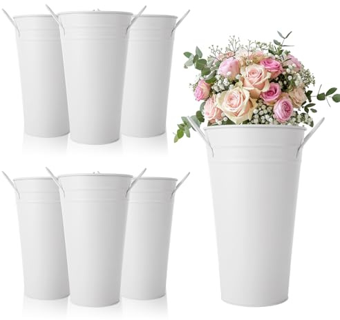 MIVIDE 6 Pack White Flower Buckets, 9.8 Inch Galvanized Metal Vases for Flowers, Flower Bucket with Handles, Farmhouse Vases for Wedding, Balcony Garden, Home Decor