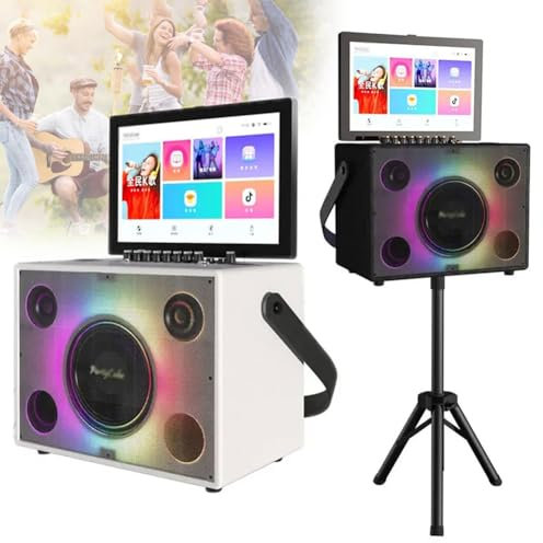 YHUEGH Sistema de Karaoke Profesional, Máquina de Karaoke Bluetooth Portátil con Tableta Táctil de 14con 2 Micrófonos Inalámbricos, Altavoz LED de Color Plegable con Batería de Litio de 10Ah White