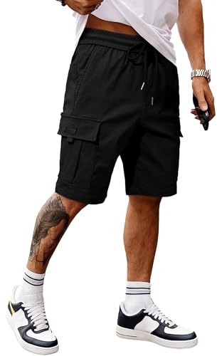 JMIERR Mens Stretch Cargo Shorts Cotton Classic Drawstring Relaxed Fit Extreme Motion Hiking Shorts, L,Black