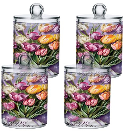 GAIREG Juego de 4 dispensadores de tulipanes coloridos morados para el día de la madre, frascos de boticario para baño, dispensador de hisopos de algodón