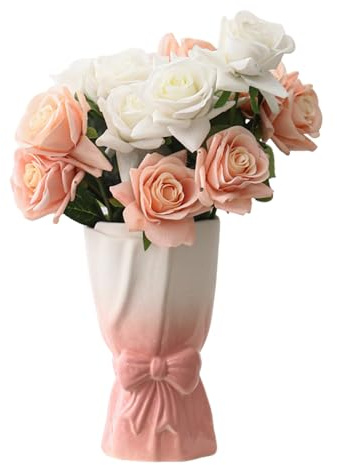 Vase Keramik mit Schleife, Kreative Blumenvase Modern, Aesthetic Vasen für Blumen, Blumenstrauß oder Zierzweige, Keramik Blumenvase für Wohnzimmer Schlafzimmer Hochzeit Tischdeko (Farbverlauf Rosa)