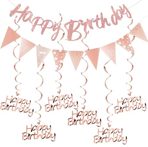 ALEGRE Glitzer Happy Birthday Girlande Spiralen Set, Girlande Geburtstag+Geburtstagsgirlande Wimpelkette+Luftschlangen Geburtstage,Happy Birthday Deko Rosa,Banner Geburtstag Wirbel Decorations Kinder