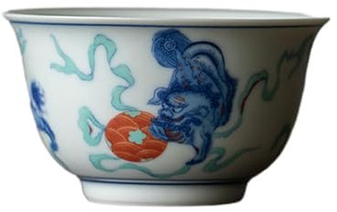 Taza maestra azul y blanco antiguo de estilo chino, juego de té kung fu de cerámica de 100 ml, bola de bordado rodante de león de colores antiguos