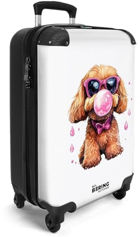 NoBoringSuitcases© Handgepäck Koffer Kinder Reisekoffer Kinderkoffer 4 | 55x35x20 cm - Rollen Leicht Cabin Kindertrolley Reise Hartschalenkoffer Hund - Braun - Brille - Kaugummiball - Rosa