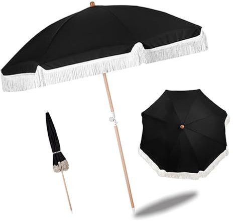 IMUNKT Parasol De Plage Noir À Franges, Parasol de Jardin Extérieur Ø 160cm 240cm, 8 Baleines Parasol, mât en Acier inclinable, Imperméable Et UV50+(2.4m(8ft))