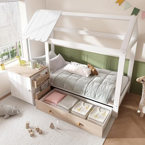 Merax Hausbett 90x200cm, Kinderbett mit Schubladen & Nachttisch, Bodenbett mit Rausfallschutz & Lattenrost, Baumhausbett aus Massivholz & MDF, Bett für Jungen und Mädchen mit Stauraum in Weiß & Eiche