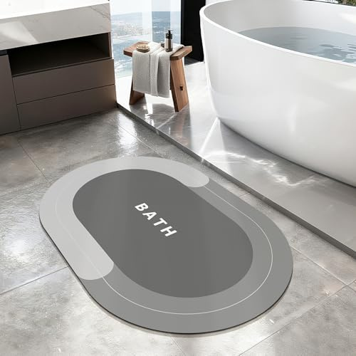 SOLIC Bath Mat Quick-Drying Bathroom Mat,Super Absorbent Bath Mat for Bathroom Floor,Non Slip Rubber Backing Shower Floor Mat,Oval Floor Bath Rug for Bathroom,Bathtub (Grey, 40x60cm)