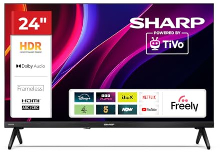 Sharp 24HE2245K 24-Inch HD Ready LED TV, 720p Resolution, TiVo OS Smart TV, Wi-Fi, 3 HDMI, 2 USB, HDR10, Built-in Freely