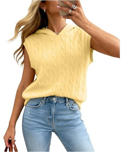 Truwelby Women’s Sweater Vest Sleeveless Cable Hoodies Casual Knit Sweater Lightweight Pullover 2026 Summer Hooded Tank Tops (Yellow, M)