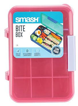 Smash Bite Box Bento Lunch Box 1.4L / 47oz – 12 Compartment Kids Snack Box with Removable Dividers, Hinged Lid, Dishwasher, Microwave & Freezer Safe – School, Travel & Nursery
