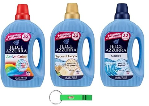 Felce Azzurra Set di test per detersivi 3 x 1595 ml, detersivo liquido per lavatrice efficace a freddo, 32 lavaggi 1595 ml + portachiavi Beni Culinari