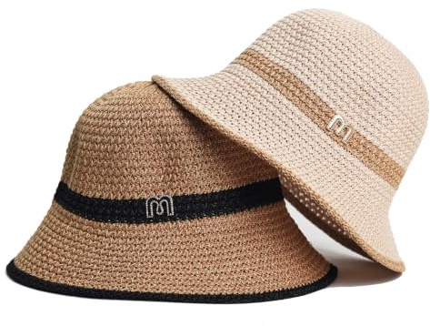 WSXQAZ Sombrero de Paja para Mujer, Sombrero de Sol, Bucket Hat Plegable Ligero con Banda Absorbente, Sombrero Paja, Protección UV, Gorro de Pescador, para protección Solar en Playa y Ocio