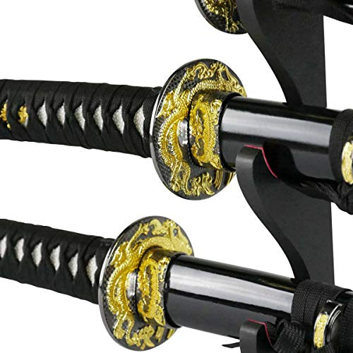 Katana Wakizashi Tanto Black Dragon Samuraischwert Set | Dekorationsschwerter mit stumpfer Klinge - mit Schwertständer und Zubehör