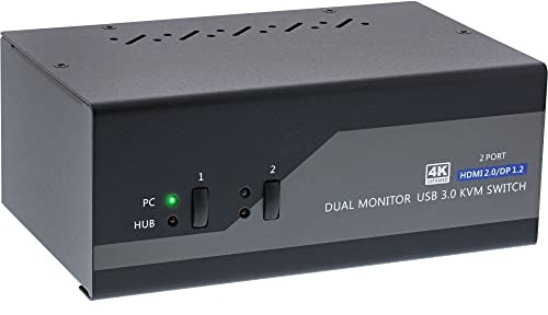 Inline Conmutador KVM de Escritorio, Monitor Dual de 2 Bandas, Displayport + HDMI, 4K, USB 3.0, Audio