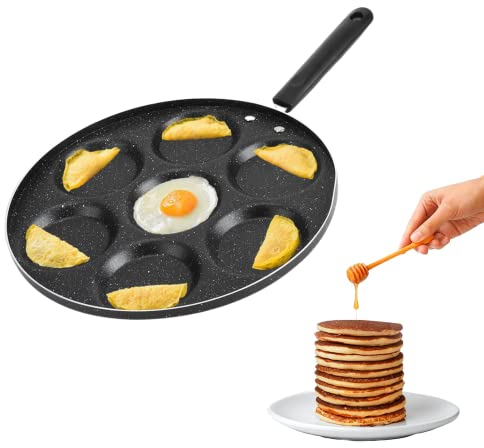 GAESHOW 7 Holes Pancake Pan, Non Stick Mini Crepe Pan with Handle, Frying Pan Fried Eggs Cooking Kitchen Cookware for Gas and Electric Ceramic Stoves