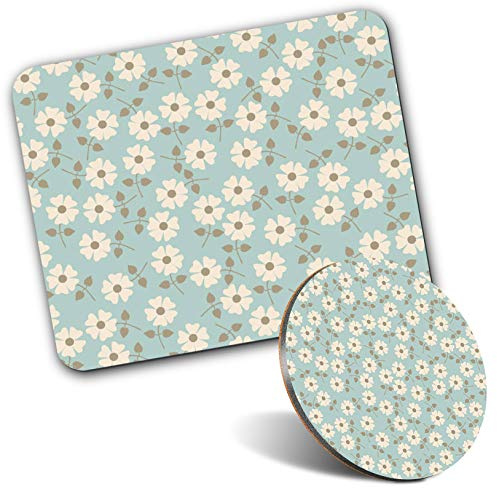 Rectangle Mouse Mat & Round Coaster Set - Cute Daisy Flowers Duck Egg 20 cm & 9 cm for Computer & Laptop, Office, Gift, Non-slip Base #2847