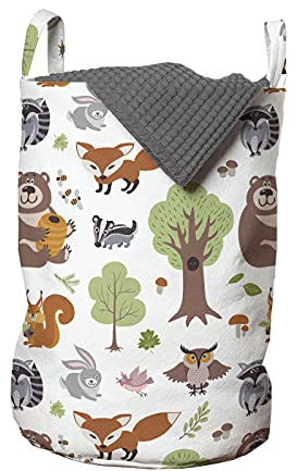 ABAKUHAUS Wald Wäschesack, Doodle Waldtiere, Wäschekorb mit Griffen Kordelzugverschluss für Waschsalons, 33 cm breit x 49 cm hoch, Grün Mehrfarbig