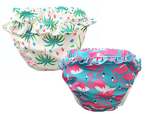 Schwimmwindel wiederverwendbar, 2 Stück Schwimmhose für Baby Mädchen (0-3 Jahr),Schwimmwindel mit Rüschen Badewindelhose Badehose (Farbe A, M/22-28lb/1-2 Jahre)