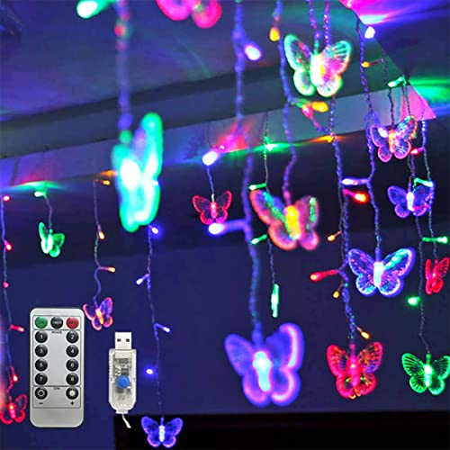 HENGYOU Butterfly Curtain Fairy Lights USB Plug in,8 Modes 120 LED 20FT Firefly Twinkle Timer String Lights with Remote, Waterproof for Bedroom Christmas Wedding Party (Multicolor)
