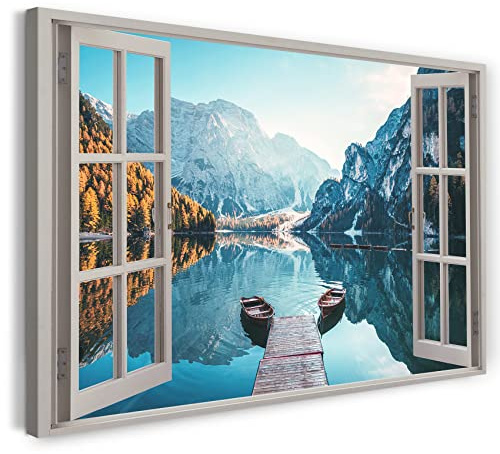 Printistico Bilder Fensterblick 120x80cm Baumwoll-Leinwand auf Keilrahmen mit Aufhänger moderner Kunstdruck XXL Wandbilder Wand-Dekoration Bergsee Spiegelung Boot Sommer Alpen - Natur-Fotografie