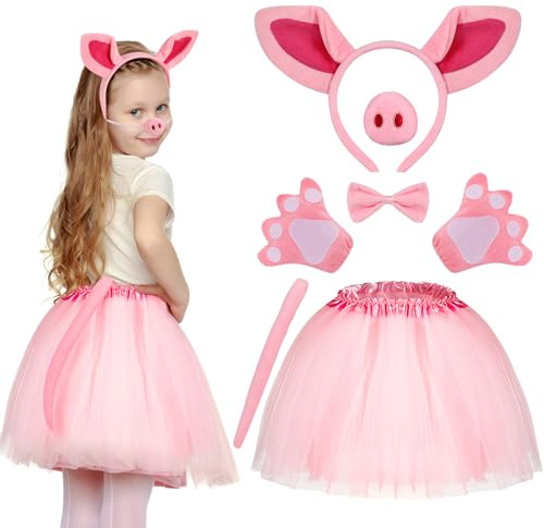 7 delar grisdräktsset barn kjol tutu gris öra pannband fluga svans handskar gris halloween kostym för fest