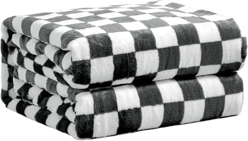 FY FIBER HOUSE Checkered Flannel Fleece Throw Blanket Soft Cozy Checkerboard Grid Print Chessboard Gingham Pattern Blankets for Bed Couch Sofa, 50x60, Black and White