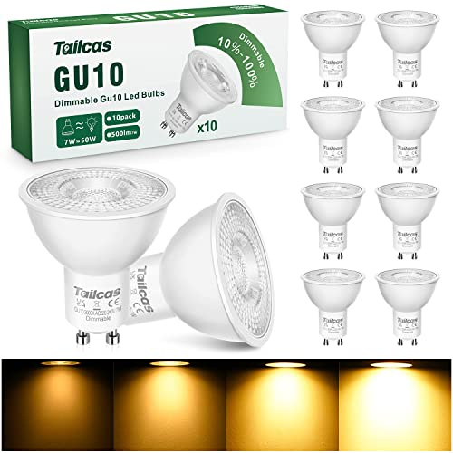 GU10 LED Bulbs Dimmable, Warm White 3000K, 7W, Pack of 10 | 50W Halogen Equivalent,500LM, 38° Beam Angle, No Flicker, Energy Saving Spotlight