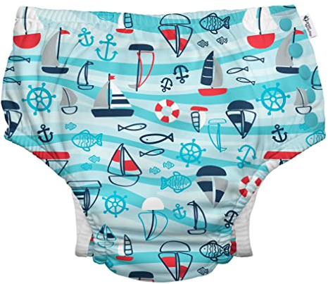 i play. by green sprouts Reusable, Eco Snap Swim Diaper with Gussets, UPF 50, 18 mo, Aqua Wavy Nautical, Patented Design, STANDARD 100 by OEKO-TEX Certified