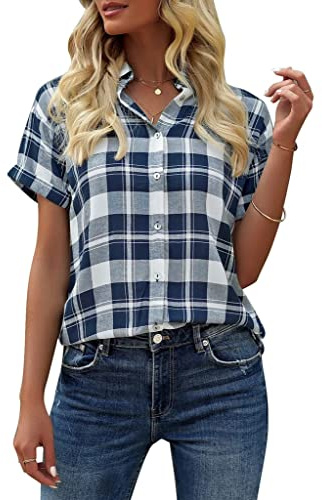 GeGekoko Chemisier à carreaux pour femme - Manches courtes - Décontracté - Col en V - Boutonné - Tunique d'été - T-shirt