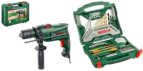 Bosch Electric Combi Drill EasyImpact 600 (600 W, in Carrying Case) & 70-Pieces X-Line Titanium Drill and Screwdriver Bit Set (for Wood, Masonry and Metal, Accessories Drills)
