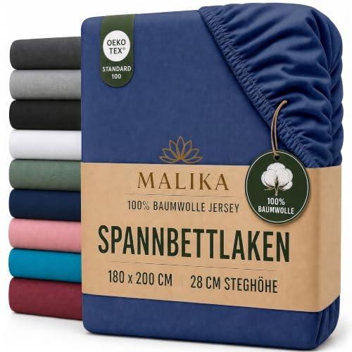 MALIKA® Spannbettlaken 90x200cm - 100x200cm Baumwolle Bettlaken Jersey Betttuch Spannbetttuch Laken - Matratzenhöhe bis 28 cm