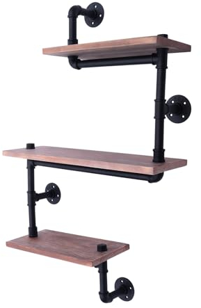 KEESUNG 3 Ebenen Vintage Retro Wandregal, Industrial Wandregal Holz Bücherregal Aufbewahrungsregal Wandmontierte Aufbewahrungsregal für Wohnzimmer Schlafzimmer Flur Badezimmer