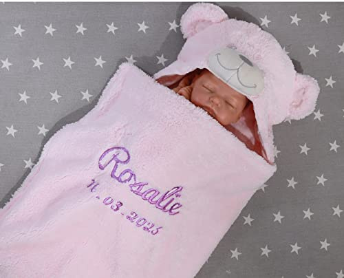 MitNamen Zweilagige Babydecke und Datum Bestickt - Wagendecke - 3D Motiven - (Rosa - Teddybär)