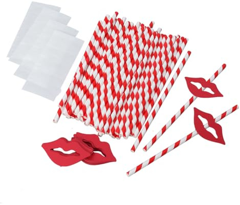 Beaupretty10PCS Red Stripes Drinking Straws Red Lip Paper Straws Long Paper Straws Valentine's Day Party Supplies Props Cocktail