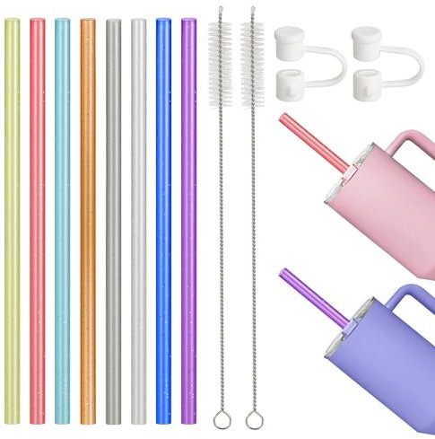 8 Pcs Reusable Plastic Straws for Stanley Cup, 30cm Plastic Straws with Straw Stopper, Reusable Straw, Colorful Straw with 2 Cleaning Brushes for Tea, Juice, Coffee, Milkshakes(11.8inch, 8 Color)