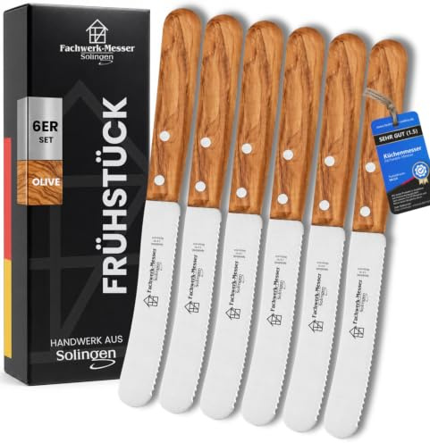 Fachwerk-Messer Buckelsmesser 6er-Set mit Wellenschliff - Testsieger - Frühstücksmesser aus Solingen/Germany - Brötchenmesser/Brotzeitmesser Olivenholz