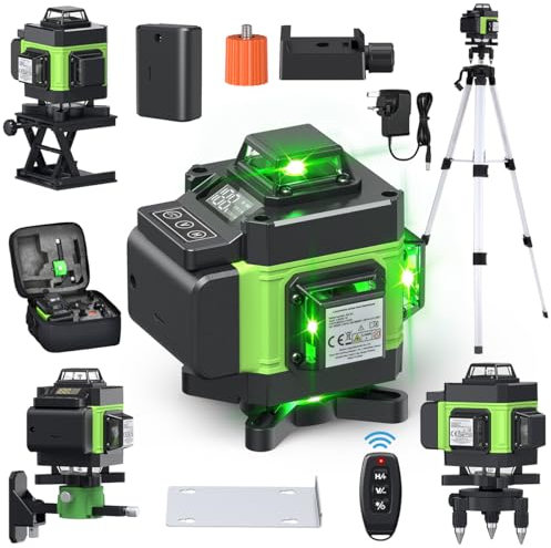 VISLONE Green Laser Level 4x360°,4D 16 Lines Laser with Adjustable Brightness,Pulse Mode,Self-Leveling,Waterproof and Dustproof IP54,with 2 Rechargeable Batteries,Remote Control and Tripod,and More