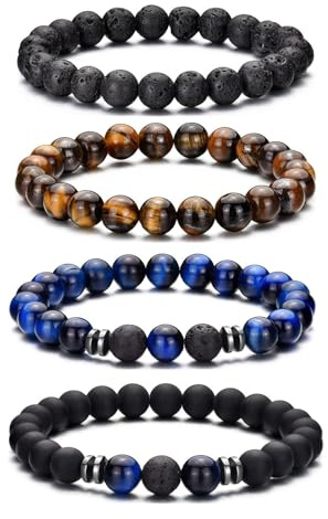 MOROTOLE Armband Herren, 8 mm Tigerauge Armband Lavastein Perlenarmband Set Naturstein Perlenarmbänd Herren Stretch Männer Armbänder Schmuck Geschenke für Männer
