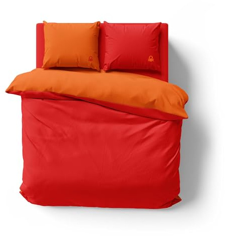 Funda NORDICA Reversible con Botones 200/220CM + SÁBANA Jersey 160/200+30CM + Fundas DE Almohada 2 X 50/70CM Naranja + Rojo Rainbow Benetton